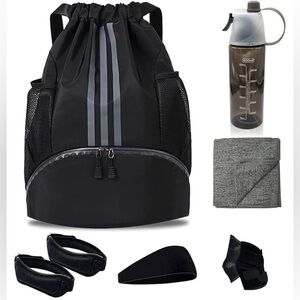 JWEX 8 in 1 Sports Kit including Black Drawstring Backpack Gym Water Bottle